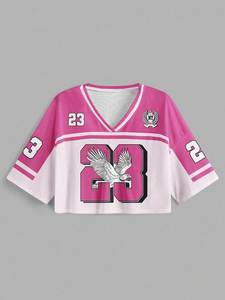 Camiseta Corta de Malla Rosa Y2K para Mujer – Camiseta de Béisbol Vintage Oversize con Estampado de Águila # 23 - Product Image 3