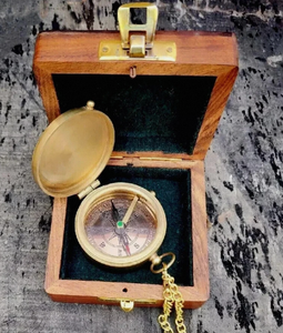 Vintage Brass Pocket <b>Compass</b> in Wooden Case <b>Antique</b> Nautical Navigation Instrument for Hiking Camping Home Decor - Product Image 1