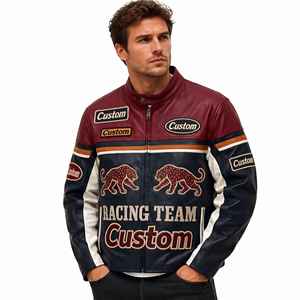 OEM Top Grain Cowhide Moto Racer <b>Jacket</b> Custom Dual Leopard Symmetrical Graphic Applique Embroidery Patch Leather <b>Racing</b> <b>Jacket</b> - Product Image 4