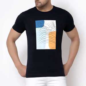 Camiseta Negra de Manga Corta para Hombre con Estampado Geométrico Abstracto, Cuello Redondo, Corte Regular Informal, Diseño Transpirable de Jersey de Algodón - Product Image 1