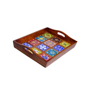 Plateau de service en mosaïque de bois recyclé artisanal, vente en gros |   Moradabad - Product Image 2