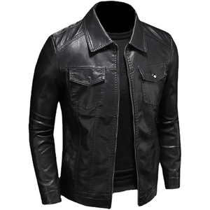 Blouson de moto en cuir véritable pour homme, respirant, doublure Sherpa, grandes poches, fermeture éclair noire, col à revers, coupe ajustée, streetwear d'hiver pour homme - Product Image 1