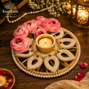 Handmade Rose Pearl Kundan Tealight Candle Holder Rangoli Diwali Wedding Home Decor Housewarming Pooja Return Gift <b>Christmas</b> - Product Image 3