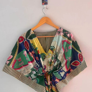 Custom made Vacation-Ready Cotton <b>Kaftan</b> - Floral Print V-Neck & Waist Drawstring Indian Handmade Cotton <b>Kaftan</b> Beach Cover - Product Image 1