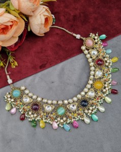 Round Uncut Stone Kundan Necklace With Matching Earring And Mangtika Designer Fashion Antique Gold Plated <b>Jewellery</b> Manufacturer - Product Image 5