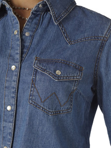 <b>Women's</b> Blue Denim <b>Shirt</b> Long Sleeve <b>Cowboy</b> Collar Button Front Casual Eco-Friendly Waterproof Breathable Vintage Style - Product Image 6