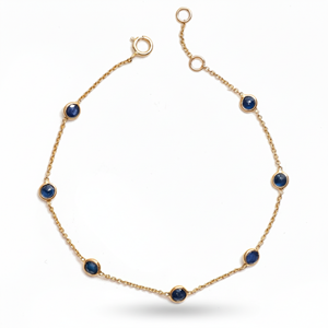 Bracelet en saphir bleu naturel serti dans un cadre en or jaune massif 18 carats – Chaîne à maillons avec pierres précieuses rondes et fermoir réglable - Product Image 1
