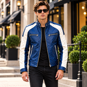 Blouson de motard en cuir de vachette clouté bleu pour homme, avec col montant et manches blanches, blouson de moto haut de gamme - Product Image 1