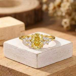 10K 14K 18K Solid Gold Yellow Oval & Round Lab Grown Diamond Engagement Ring Vintage Cluster Side Stones Halo Wedding Ring - Product Image 2