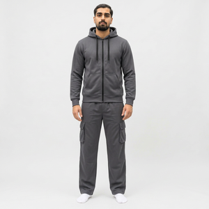 Survêtement gris à capuche pour homme, manches longues, fermeture à cordon, écologique, streetwear épais, décontracté, poches latérales - Product Image 2