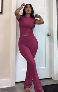 Women Breathable Simple 2 Piece Yoga Set Crop <b>Top</b> and Flare Pants Short Sleeve Solid Color Mid Waist Activewear Lounge Outfit - Product Image 3