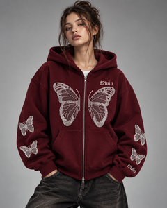 Sweat-shirt à capuche noir zippé pour femme F2win avec motif papillon à sequins – Vêtement décontracté d'automne – Vente en gros – Hoodie papillon noir - Product Image 4