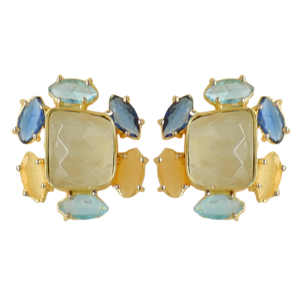 Boucles d'oreilles clous en pierre de Prehnite, laiton plaqué or 18 carats, géométriques, tendance, classiques, pour soirée, sertissage clos, vente en gros - Product Image 1