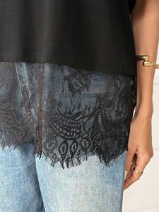 Customized Women's Shirts Black Lace Hem Oversized Cotton Tee Elegant Casual Streetwear Premium Fashion Summer Crewneck Design - Product Image 4