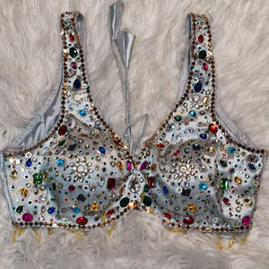 <b>Silver</b> Grey Multicolor 100% Silk Satin Short Sleeveless Crop <b>Top</b> Bridal Blouse Woven Wedding Saree Sweetheart Winter Autumn - Product Image 1