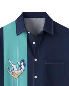 Chemise à manches courtes boutonnée à imprimé graphique bleu marine et vert sarcelle, style décontracté d'été pour la plage, fabrication OEM personnalisée en gros pour hommes - Product Image 5