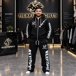 REXFITSPORTS Conjunto Deportivo para Hombre, Negro, con Cierre, Sudadera con Pedrería y Pantalones Deportivos, Estampado en Toda la Superficie, Ropa Urbana, Marca Privada OEM - Product Image 1