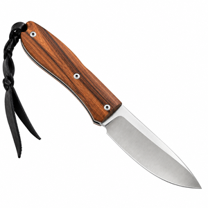 Couteaux pliants à manche en bois brun foncé avec lame argentée satinée, étui de transport en cuir noir et sangle de poignet pour l'extérieur et le quotidien - Product Image 1