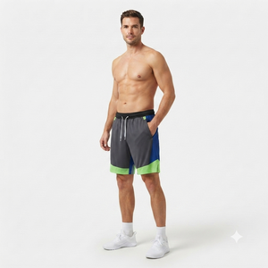 Shorts de sport pour homme à blocs de couleur, séchage rapide, avec cordon de serrage, longueur Bermuda, avec poches, gris, bleu, vert, en polyester tricoté - Product Image 3