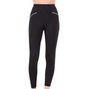 Leggings negros de cintura alta para mujer, pantalones de yoga elásticos y ajustados con detalle de costura curva blanca para hacer ejercicio y correr - Product Image 1