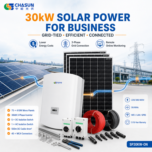 CHASUN 30kW 3 Phase Grid-Tied System 75pcs 410W Monocrystalline Silicon MPPT Inverter LiFePO4 Battery for Commercial Building