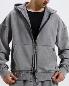 Custom Oversized Vintage Washed <b>Zip</b> <b>Up</b> Hoodie Heavyweight Cotton Fleece Distressed Streetwear Full <b>Zip</b> <b>Jacket</b> for Men - Product Image 5