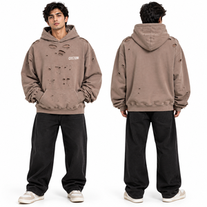 Custom Distressed Vintage Washed <b>Brown</b> Men's Hoodies Ripped Hole Heavyweight <b>Fleece</b> Oversized Front Pocket Pullover Streetwear - Product Image 2