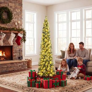 Albero di Natale a Matita Pre-Illuminato da 6/7/8 Piedi con 120/150/200 Luci LED Bianco Caldo e 8 Modalità - Product Image 3