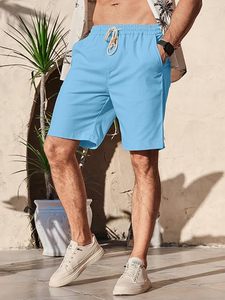 Shorts de plage décontractés pour hommes en tissu Oxford respirant, bleu clair, avec logo frontal, taille mi-haute et cordon de serrage - Product Image 3