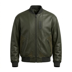 Olive Green <b>Mens</b> Genuine Leather Bomber <b>Jacket</b> <b>Suede</b> Panel Custom Branded Patch Zip Pocket Flight Coat Direct Factory Supplier - Product Image 1