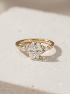 Gold Plated Oval Cut <b>Diamond</b> Engagement Ring With Marquise Side Stones - Product Image 1
