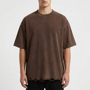 T-shirt vintage délavé et vieilli, coupe oversize, en coton épais, style streetwear décontracté, coupe carrée, pour usage quotidien - Product Image 3
