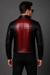 Veste en cuir de crocodile de qualité supérieure pour homme, rouge et noir, deux tons, col rabattu, coupe ajustée, en cuir de crocodile véritable - Product Image 4
