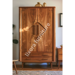 Luxury Handcrafted Solid Wood 2 Door <b>Wardrobe</b> Mid Century Modern Design Premium Finish Armoire - Product Image 4