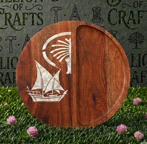 Plateau en bois luxueux fait main incrusté de nacre, rond, divisé, pour servir des chocolats, pour le festival de l'Eid Mubarak - Product Image 3