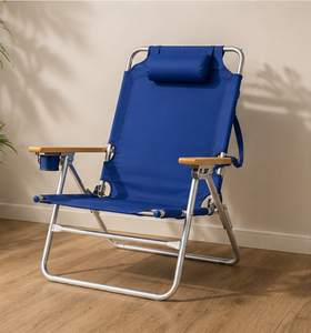 Silla de Playa Plegable Azul de Aluminio con Brazos de Madera y Portavasos, Muebles de Exterior Contemporáneos - Product Image 3