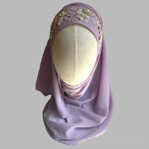Handmade Embroidered Floral Hijab <b>Scarf</b> with Polyester Embroidery Stretchable Silk Headscarf for Women in Purple Beaded Sequin - Product Image 4