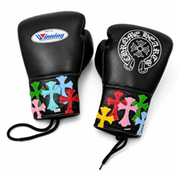 Ensemble de gants de boxe de compétition en cuir noir à lacets, personnalisables avec des croix et logos colorés, pour adultes, usage arts martiaux