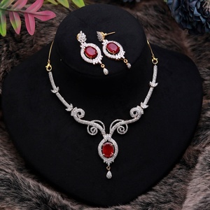 Wholesale Price Ruby CZ Necklace Set Oval Shape 22K Gold Plated Brass Bridal Jewelry for Women Bridal Jewelry for Women - Product Image 1