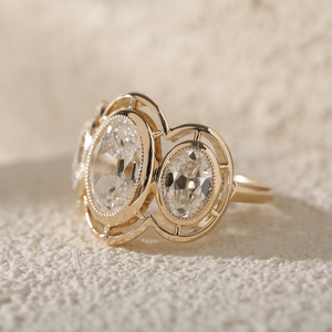 Vintage 3ct Lab Grown Diamond 14K Solid for Women Victorian Style Oval Old Mine Cut Milgrain Bezel Three Stone <b>Statement</b> <b>Ring</b> - Product Image 2