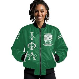 Veste universitaire personnalisée pour femmes Iota Phi Lambda, vert émeraude, avec lettres grecques, blason, numéro et année, style bomber - Product Image 1