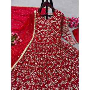 DISEÑADOR GEORGETTE BORDADO SECUENCIA TRABAJO VESTIDO INFERIOR CON DUPATTA ROJO - Product Image 6