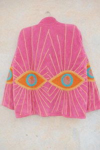 Stunning Pink Evil Eye Velvet Boho Embroidered Kimono Jacket Handmade Statement <b>Coat</b> Bohemian Festival Turkish Eye <b>Cardigan</b> - Product Image 3