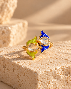 Bague en argent plaqué or réglable avec incrustation de verre, couleur bleu-vert, lot de deux |   Bijoux de fiançailles minimalistes - Product Image 3