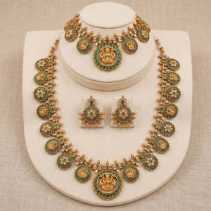 South Indian Green Lakshmi Coin Semi Bridal Necklace Set-Fine Jewelry - Product Image 3