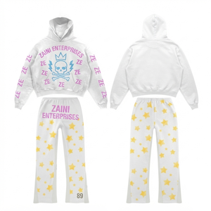 380 GSM Cotton Polyester Fleece Men Tracksuit <b>White</b> <b>Hoodie</b> Pant Set Custom Screen Print DTF Logo Heavyweight Activewear - Product Image 1