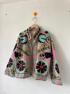 Vintage Beige <b>Velvet</b> Embroidered <b>Jacket</b> with Floral Pattern Full Sleeve Stand Collar Bohemian <b>Women's</b> Autumn Outerwear - Product Image 5