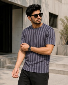 Nueva Camiseta Casual de Manga Corta con Cuello Redondo y Rayas para Hombre, Corte Regular, Camiseta con Patrón Tejido Informal para Hombre - Product Image 3