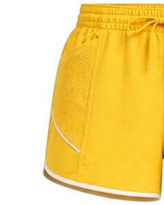 Shorts de sport jaunes pour femmes en polyester et élasthanne, respirants, avec panneaux, taille élastique et cordon de serrage, pour la gym, la course, l'entraînement et les loisirs - Product Image 3