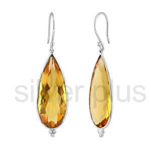 Boucles d'oreilles pendantes géométriques en or massif 18 carats faites à la main, avec citrine naturelle taille brillant et accents de diamants blancs, pour mariage et soirée - Product Image 3